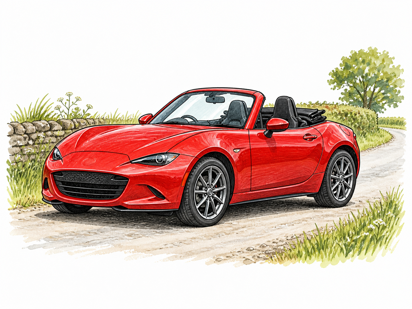 A simple red modern convertible car parked on a country lane, roof folded completely down and folded roof assembly visibly stowed behind the two seats.