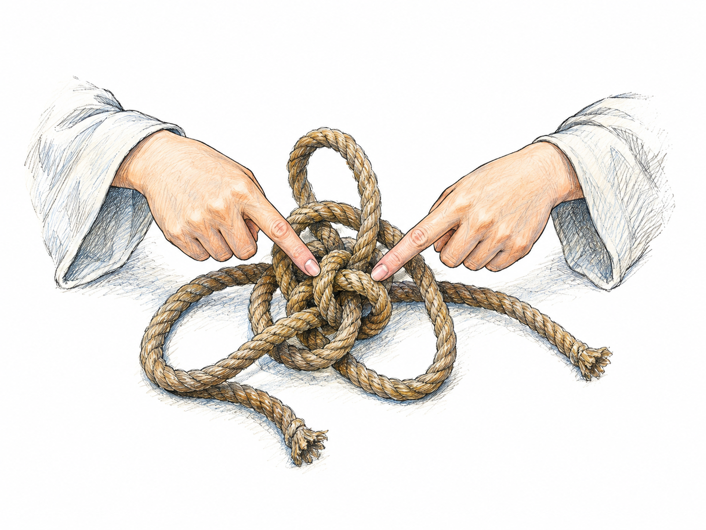 A complicated loose rope knot is isolated at center while hands point to the single tight central crossing that must be loosened first; essential core of a problem, no arrows, writing or decorative icons.