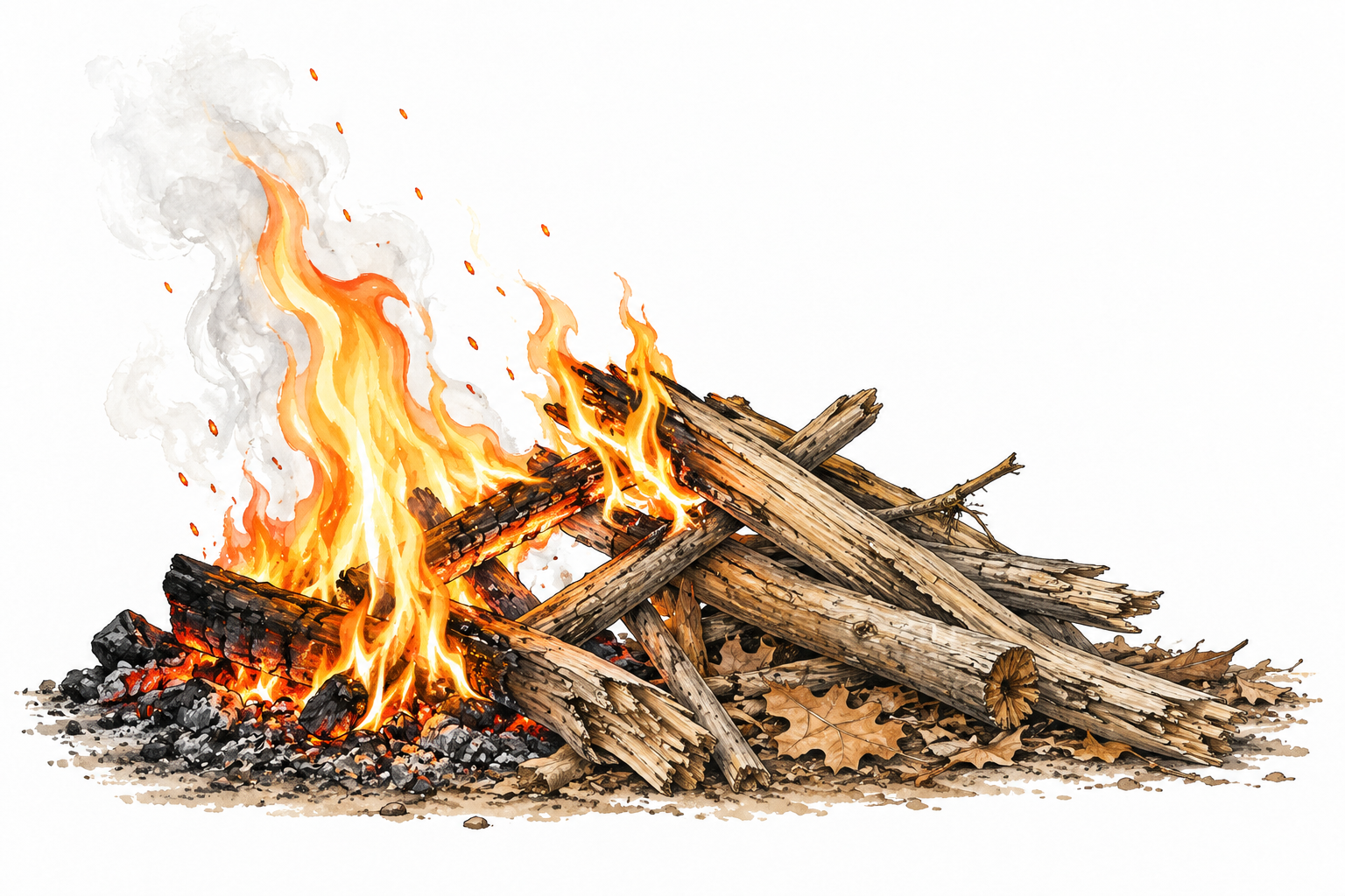 Dry wood catches flame from a small established fire, oxygen and burning material visually credible.
