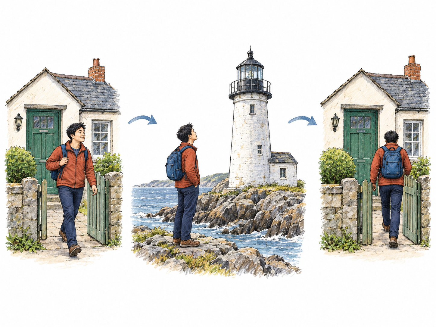 Three linked vignettes show the same traveler leaving his house with a backpack, visiting a coastal lighthouse, and returning through the same house gate.