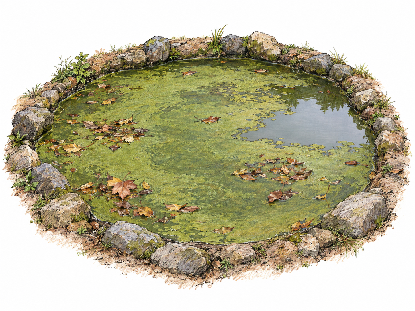 A small enclosed pool of stagnant water, its motionless surface covered by an undisturbed film of algae and trapped dead leaves, with no inlet or outlet.