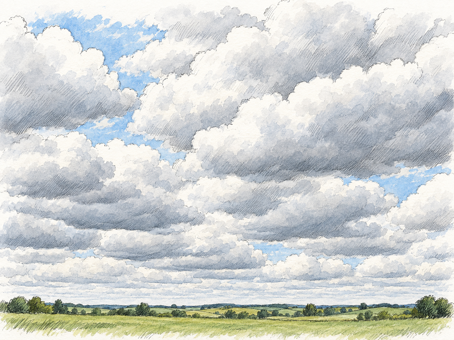 A broad sky filled almost entirely with overlapping gray-white clouds above a narrow strip of quiet green countryside.