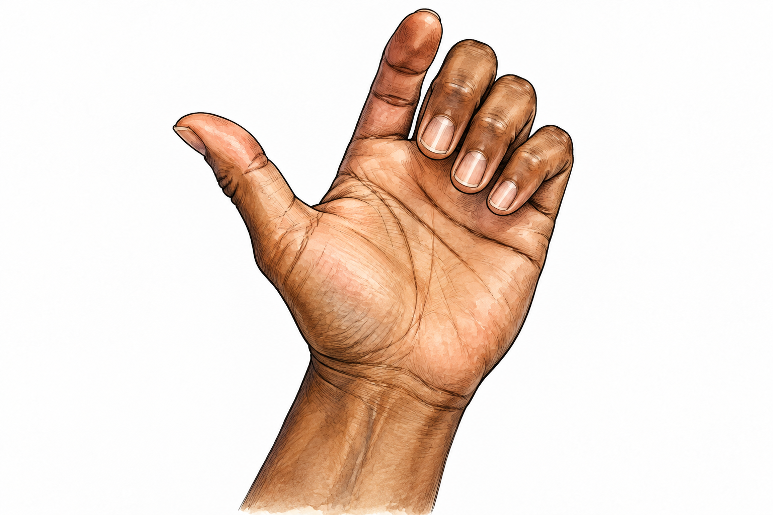Natural hand with thumb extended away from four relaxed fingers.