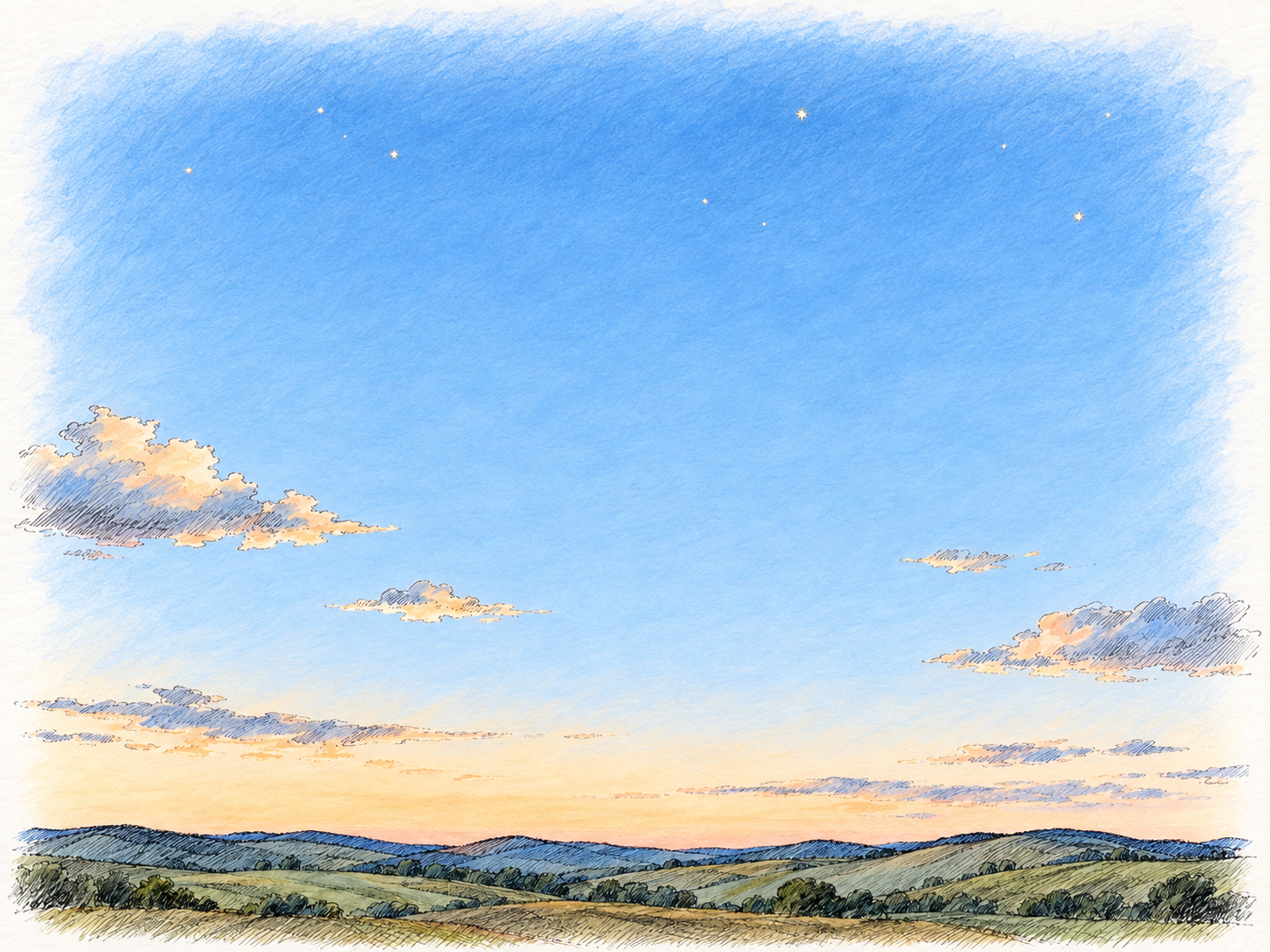An expansive evening sky above a very low earth horizon, with a few clouds and the first visible stars.