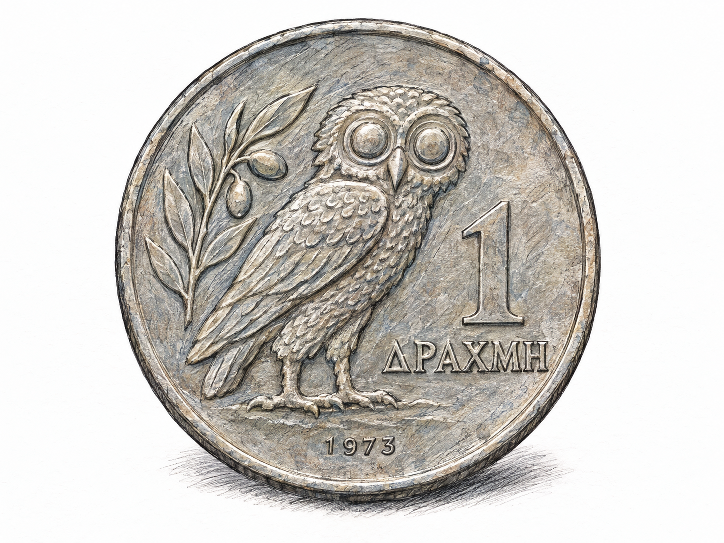 A close-up of a former Greek one-drachma coin, denomination side facing forward, with its owl motif and essential Greek denomination clearly visible.