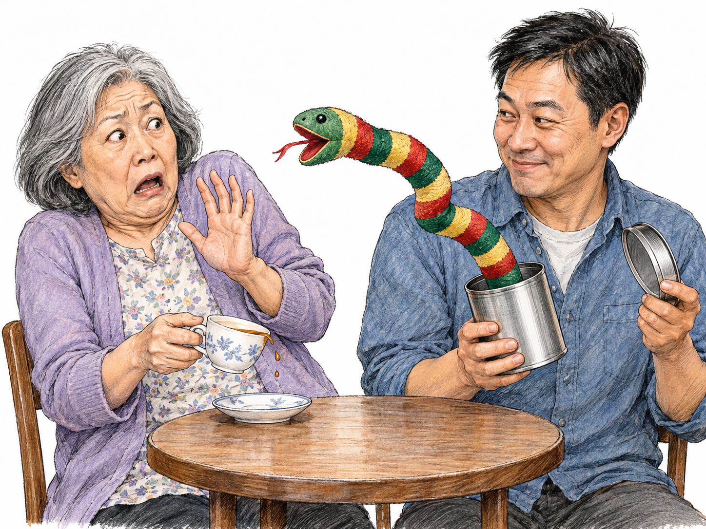 A harmless spring-snake prank visibly unsettles a woman: a man opens a small tin beside her, and the fabric snake springs out as she recoils, wide-eyed, with her interrupted teacup tilted above its saucer.