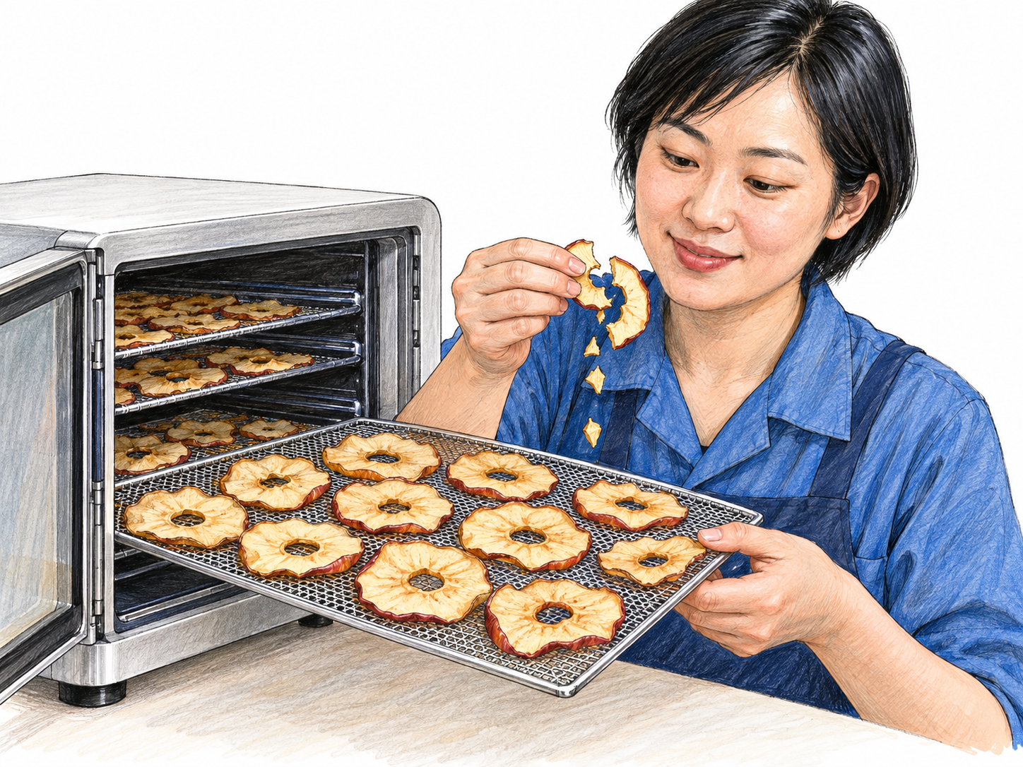 A modern food-preservation worker lifts a mesh tray of thoroughly dried thin apple rings from a small open countertop dehydrator.
