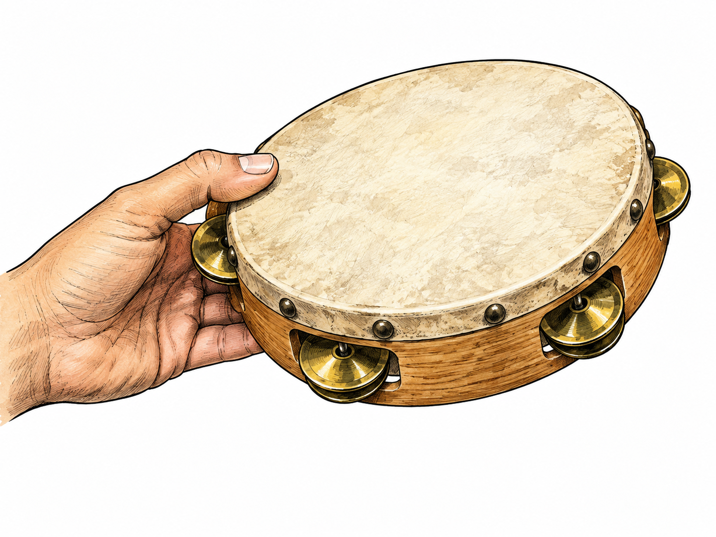 A small wooden hand drum with a taut skin head and metal jingles is held at its rim by one hand.