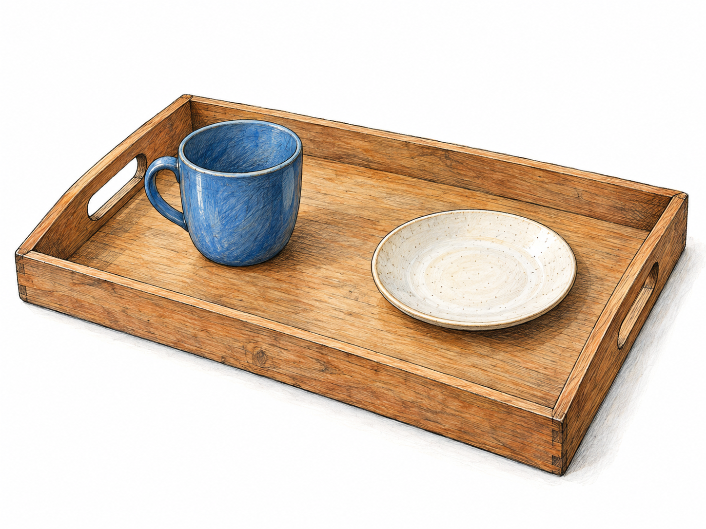 A shallow rectangular serving tray with a clearly visible flat base, raised rim and two integral handles, holding a cup and a small plate.