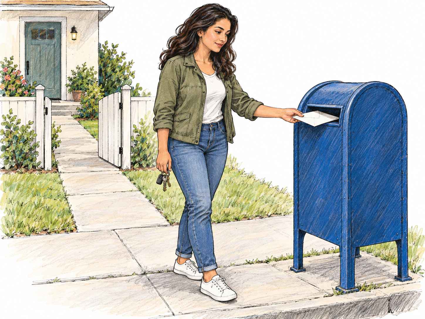 A woman makes a quick neighborhood errand by walking from her nearby home to post a letter in a street mailbox.