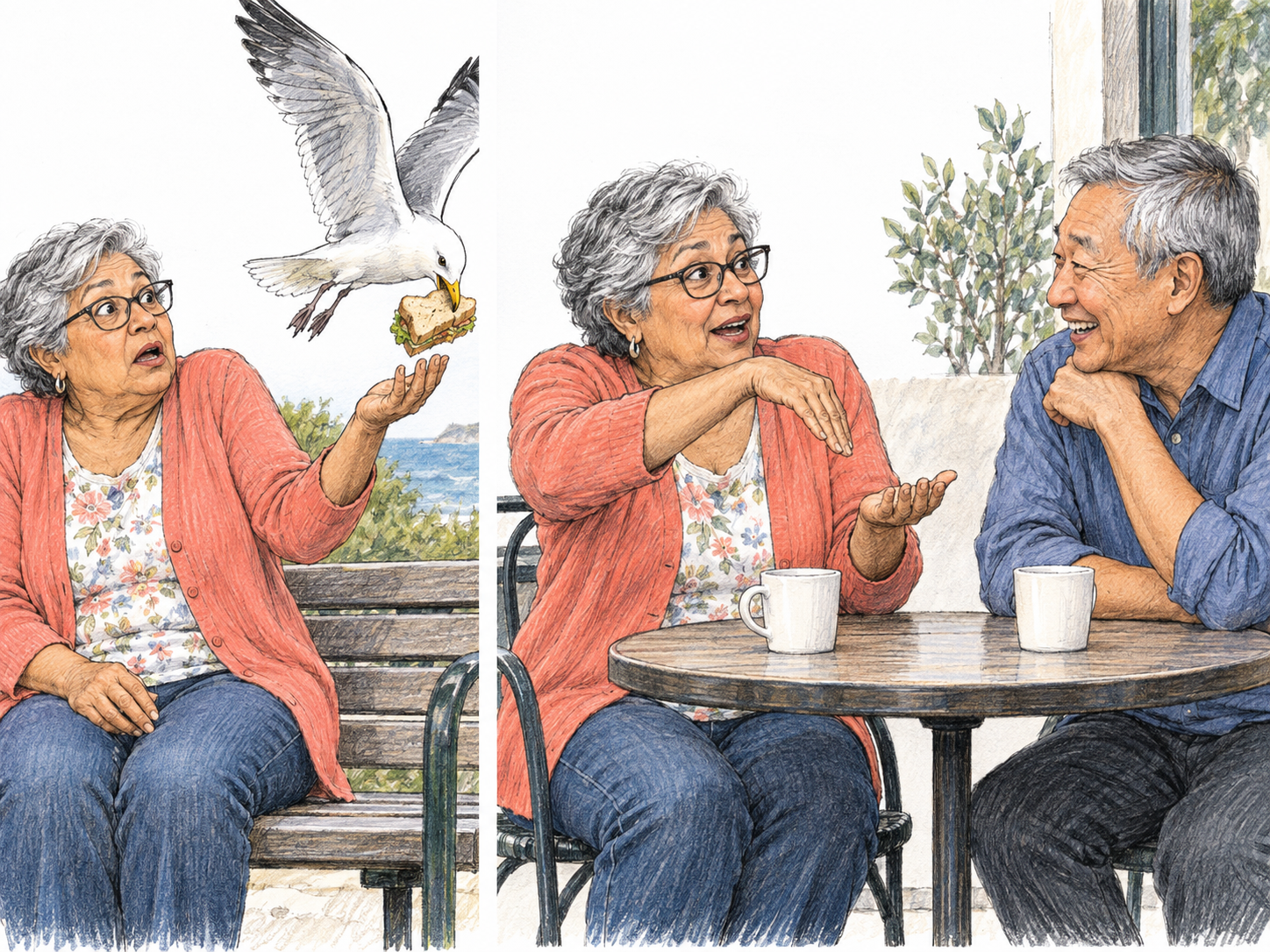A compact two-panel sequence connects a small amusing mishap with its animated retelling: a gull steals an older woman's sandwich, then she recounts the incident to an amused friend by mimicking the gull's swoop.