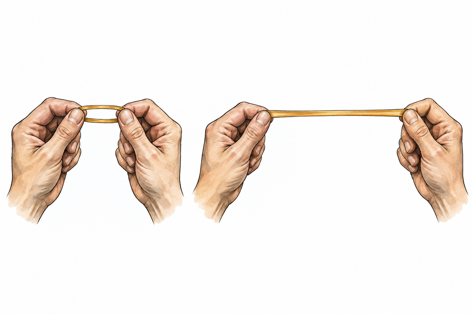 Two hands gently stretch a piece of elastic from short to long, unchanged thickness plausible.