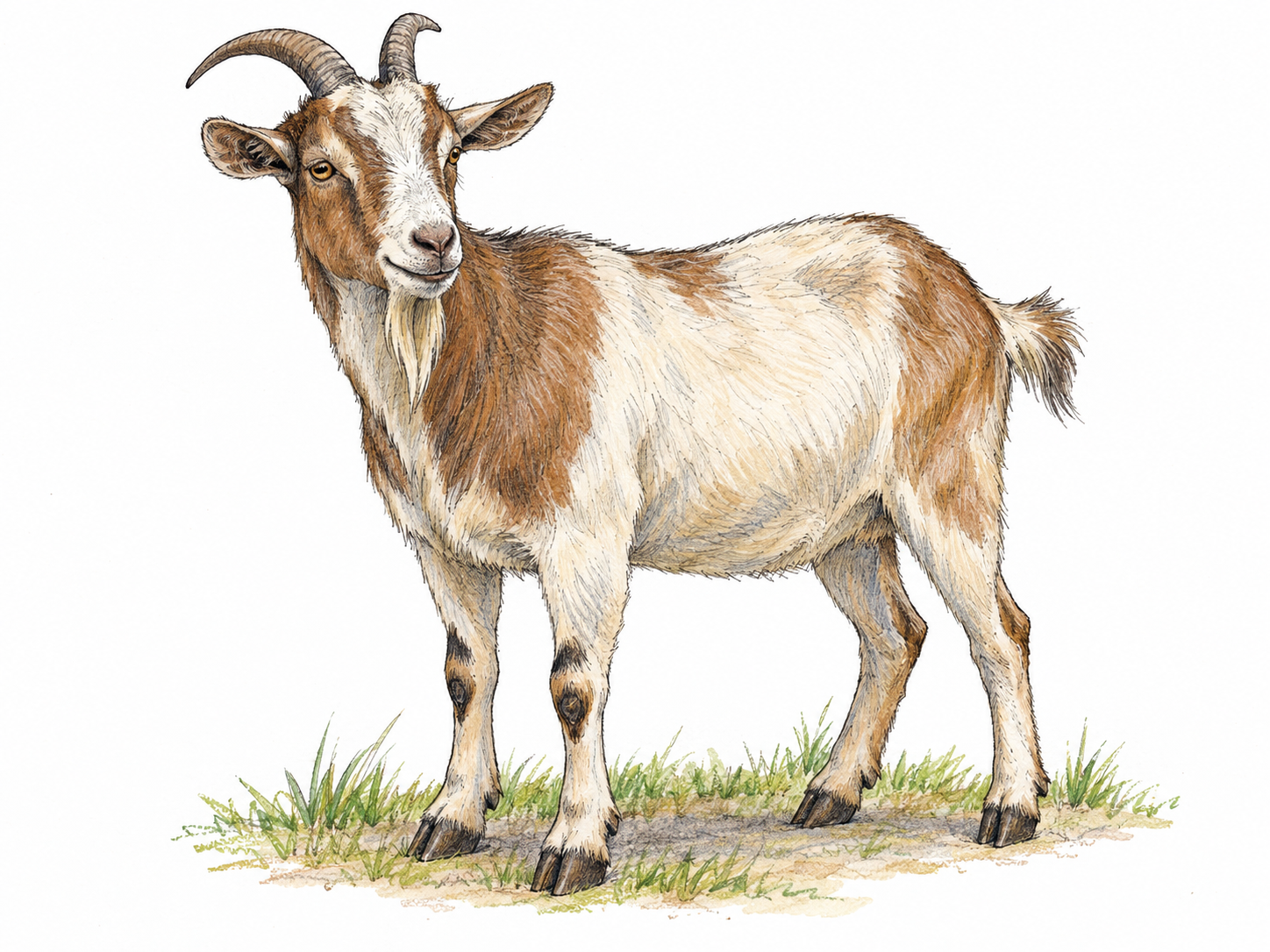 One horned domestic goat standing in three-quarter view beside a small tuft of pasture grass, with its beard, cloven hooves, and short coat clearly visible.