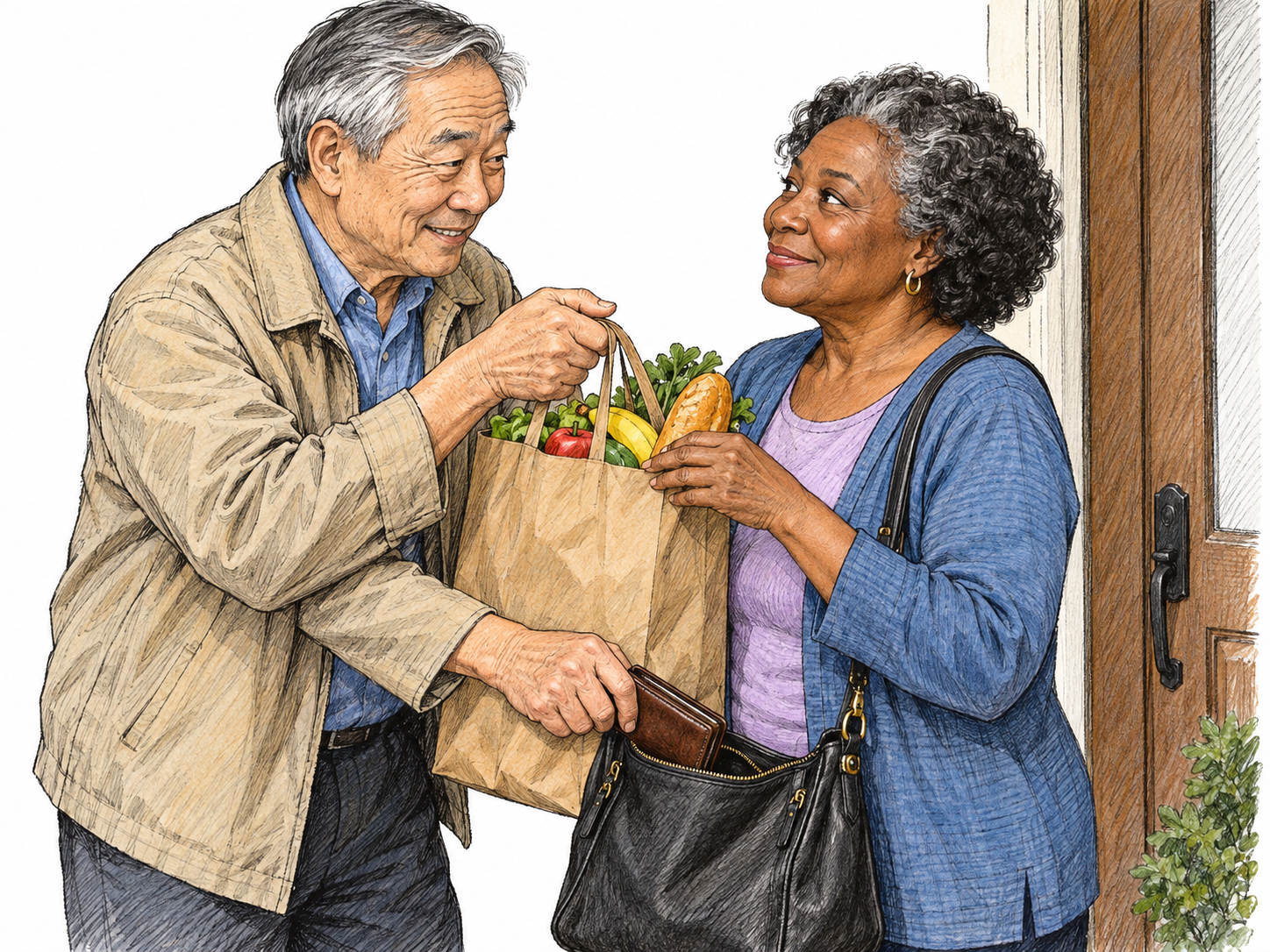 An apparently helpful man takes a woman's heavy grocery bag while secretly extracting a wallet from her shoulder handbag with his other hand.