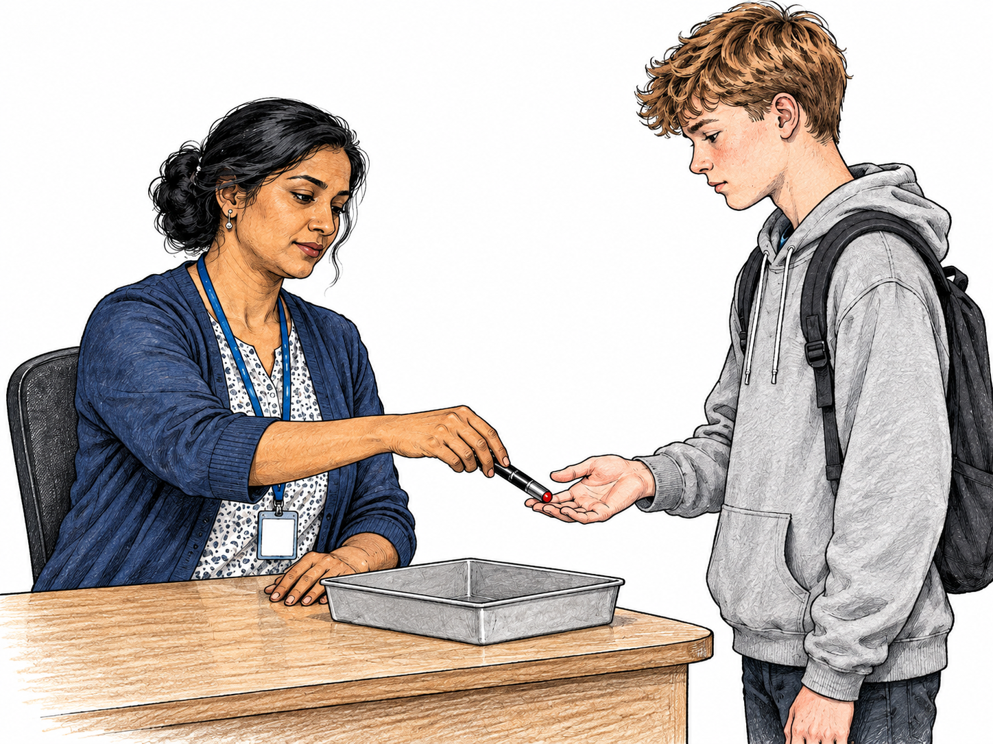 School staff member calmly takes a prohibited laser pointer from student's open hand and stores it in a small plain tray; authority indicated by desk and badge with no writing, no force.