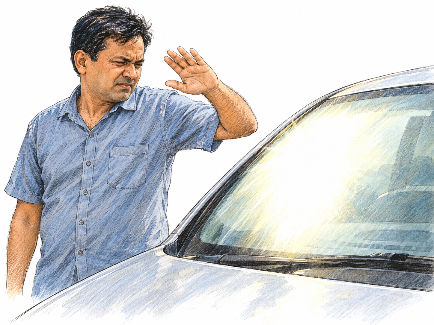 A man squints and shields his eyes from dazzling sunlight reflected off a car windshield; the reflected brightness visibly obscures the view through the glass.