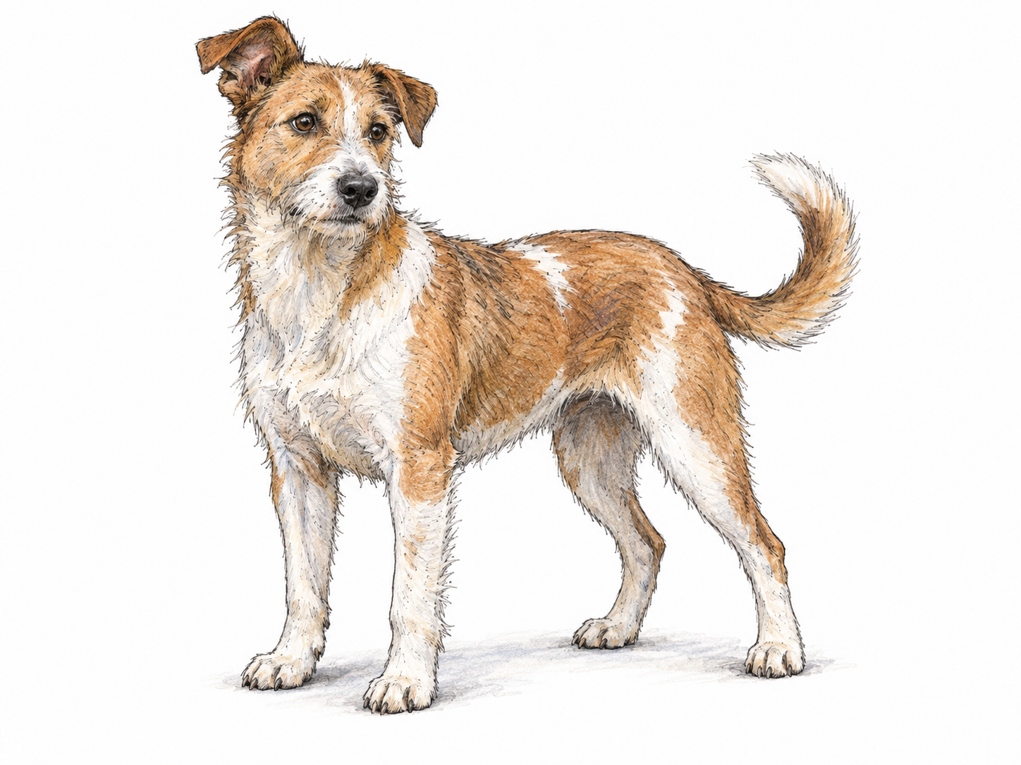 A scruffy mixed-breed dog stands alone in three-quarter view, with uneven ears, a wiry patchwork coat and an unpedigreed appearance.