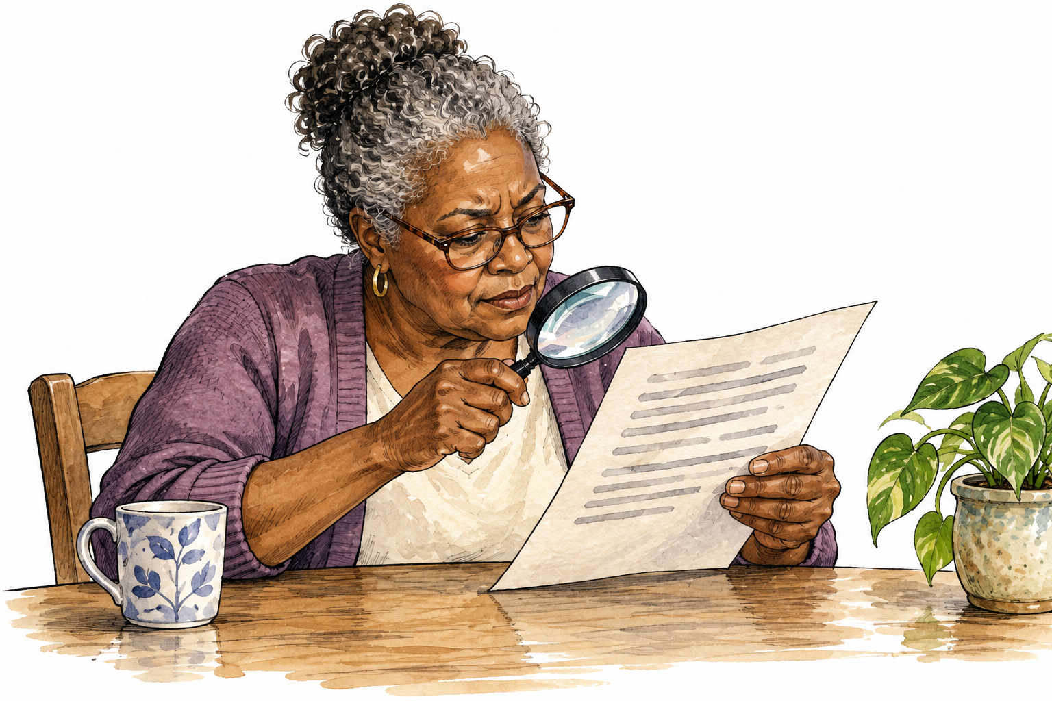 An older Black woman carefully examines a document with a magnifying glass, slow attentive reading, paper has only abstract gray lines and no words.