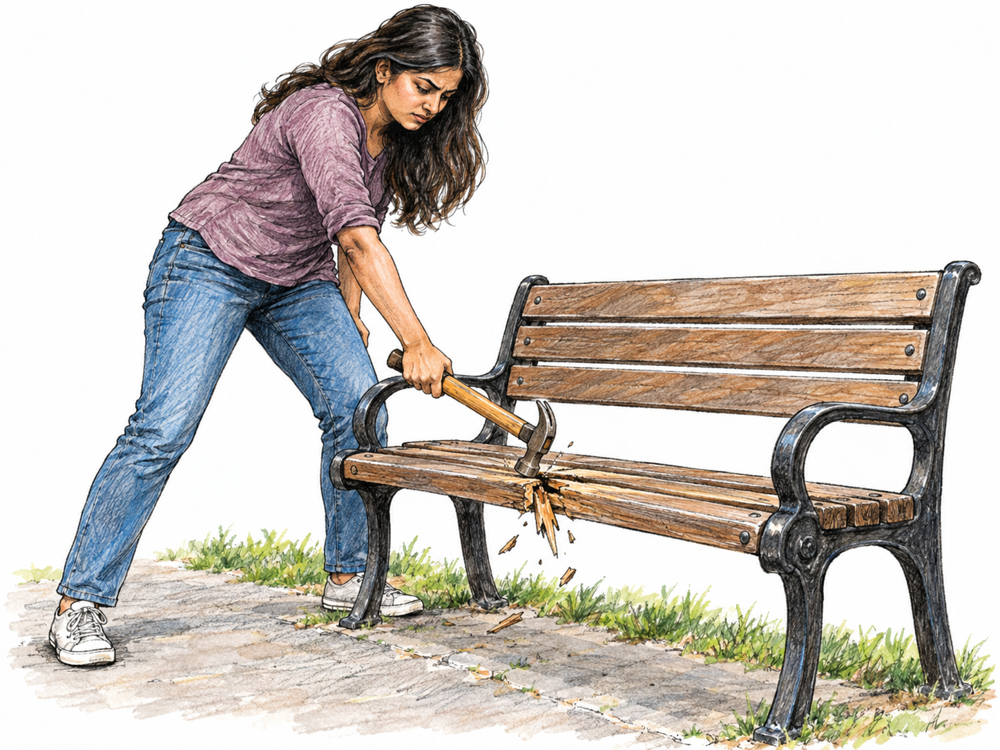 A young adult woman deliberately breaks a public park bench with a hammer, visibly splintering a seat slat.