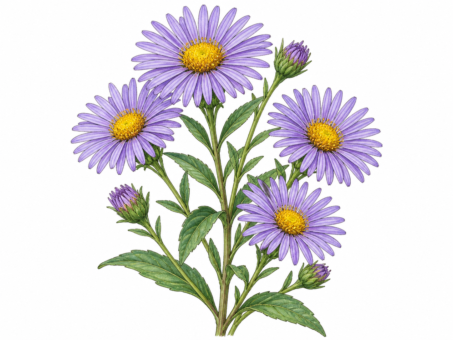 A botanically plausible aster stem bears daisy-like purple flower heads with many narrow ray petals around yellow disks and simple green leaves.