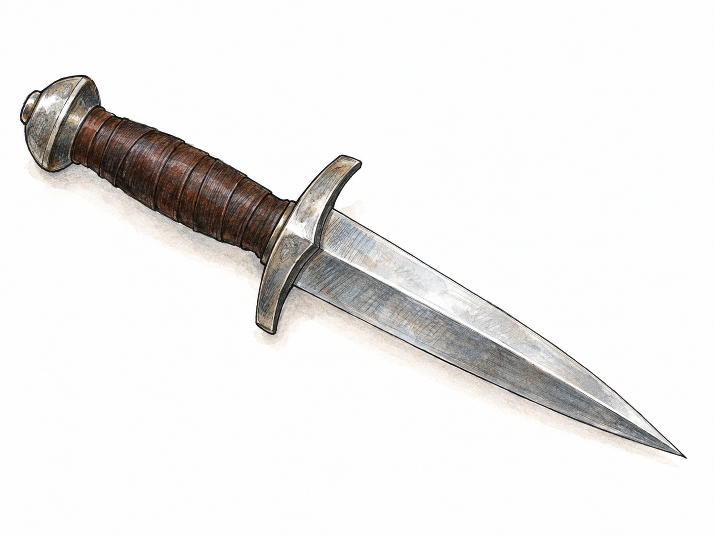 A single short dagger lying diagonally on white ground, with a sharply pointed double-edged steel blade, compact crossguard, and plain wrapped grip.