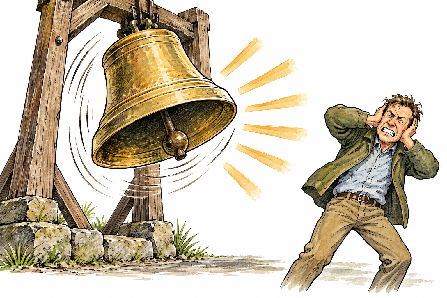 Large brass bell ringing as nearby adult covers ears, dynamic bell motion and strong audible reaction, no text.