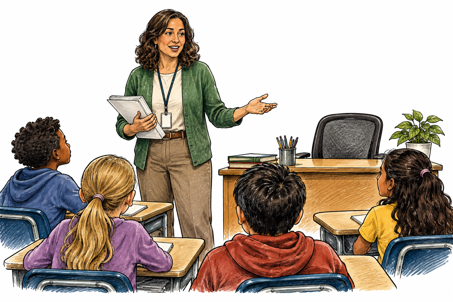 A substitute teacher stands at a classroom desk holding lesson notes while original teacher's chair sits empty, diverse pupils.