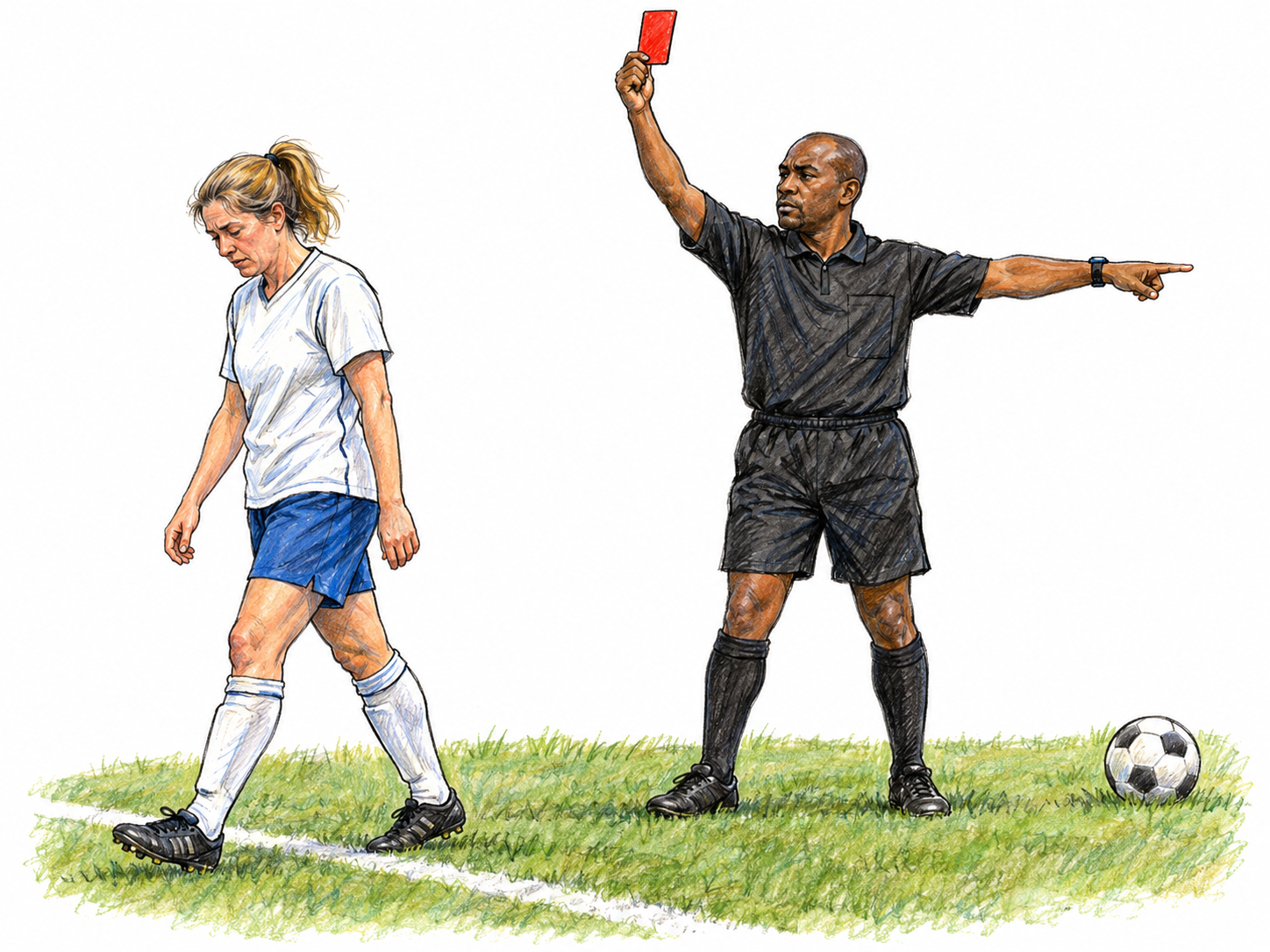 An amateur soccer player receives a red card and leaves the field: a concrete sporting penalty for wrongdoing.