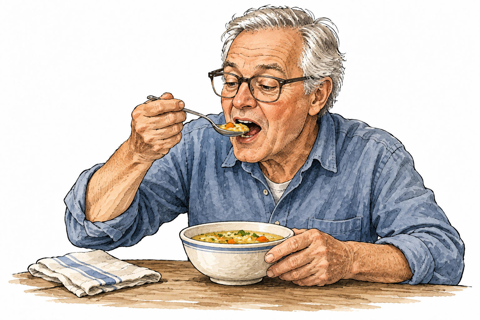 Modern older white man taking a spoonful of soup into his mouth, clear eating gesture, no lettering.