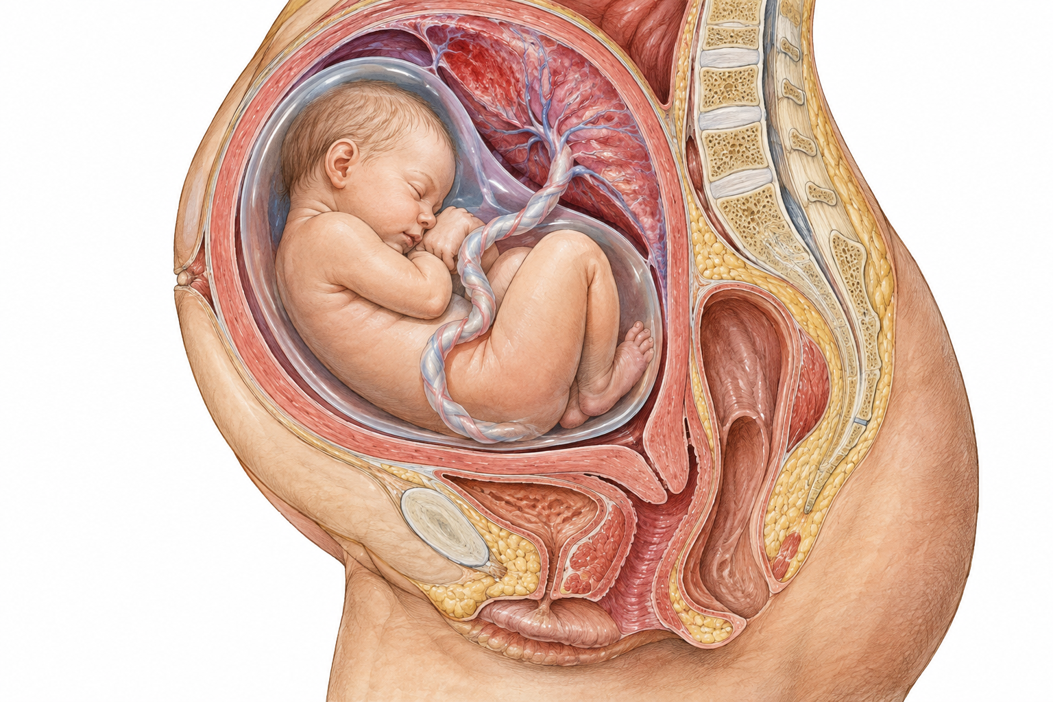 Respectful accurate medical cutaway of pregnant mammal uterus containing curled developing human fetus with umbilical cord and placenta, clinical educational anatomy, no labels or birth gore.