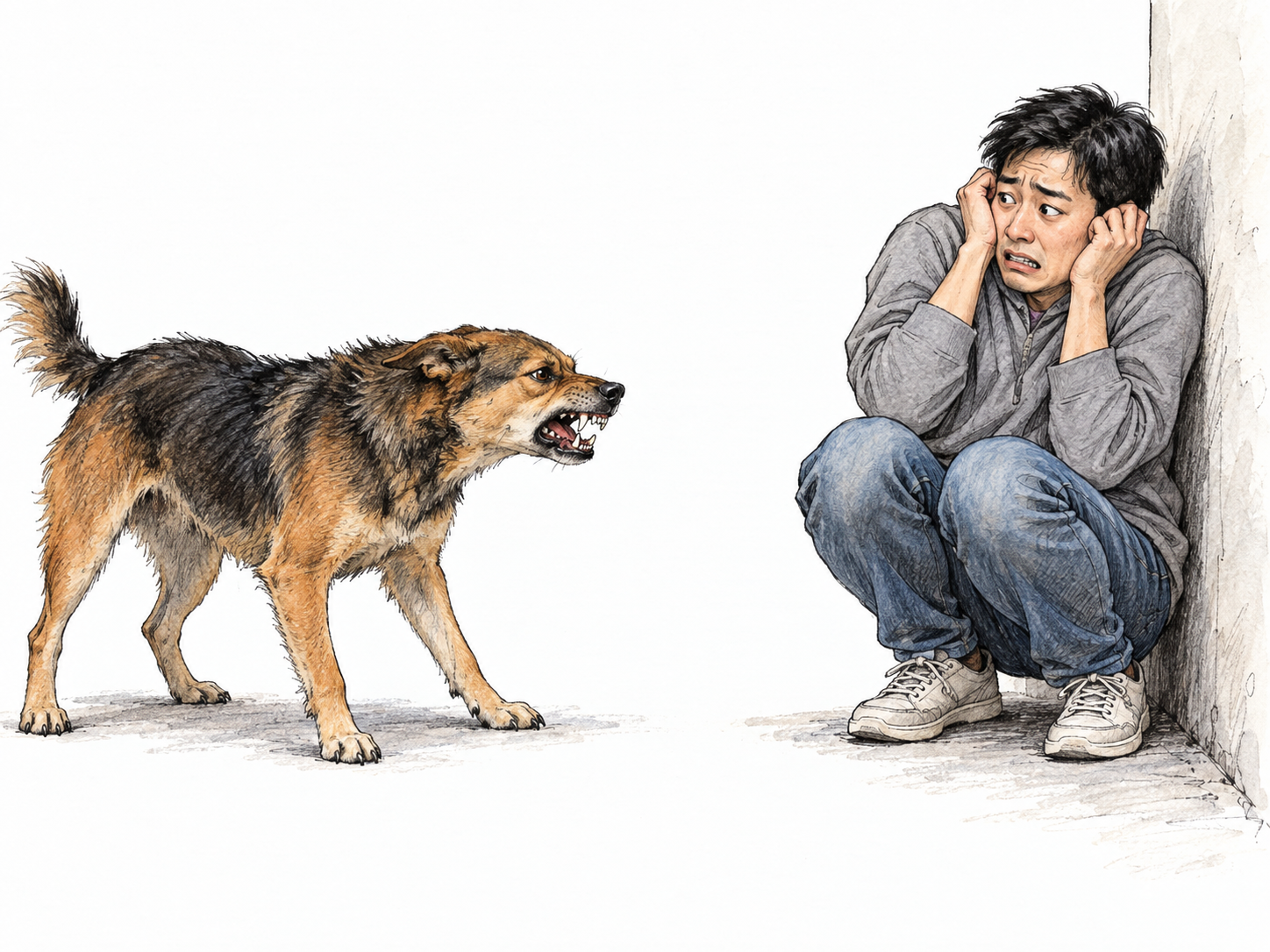 A frightened man crouches tightly against a wall, shrinking away from a snarling dog with his shoulders hunched and forearms raised protectively beside his face.
