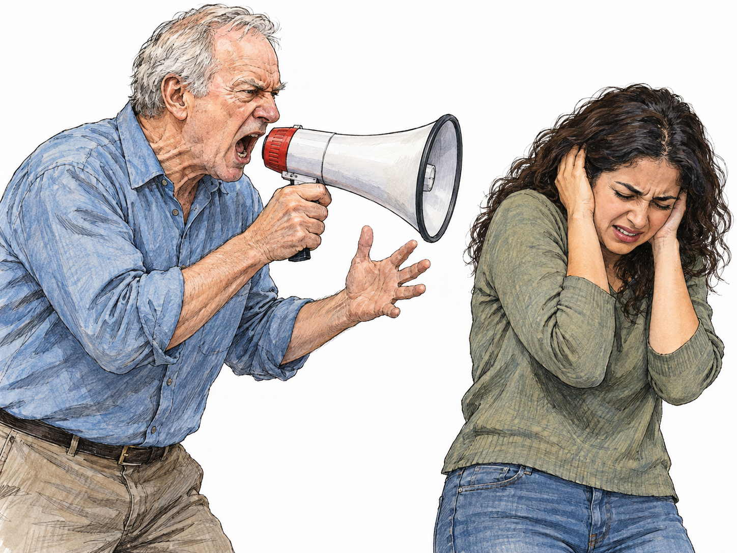 An older man bellows forcefully through a handheld megaphone while a nearby woman recoils and covers her ears, making the sound's intrusive, unpleasant harshness visible.