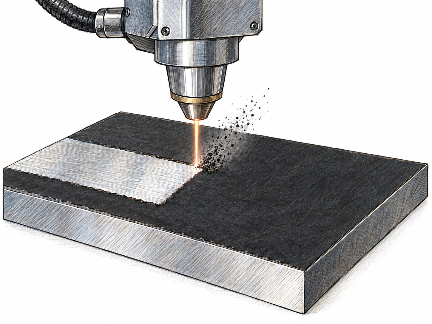 Close-up of laser ablation removing a thin dark coating from a metal plate: the laser strikes the coating at the boundary of a freshly cleared strip, with a small plume of ejected material and bright bare metal exposed behind it.