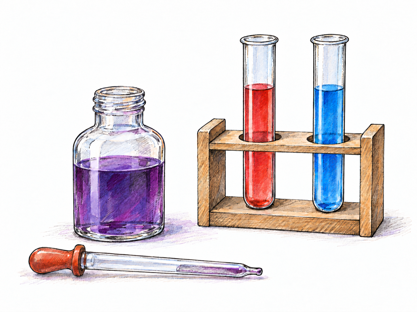 A simple laboratory still life showing litmus dye as a purple liquid in a small open bottle, beside two clear test tubes in a minimal rack: one contains a red acidic test solution and the other a blue alkaline test solution.