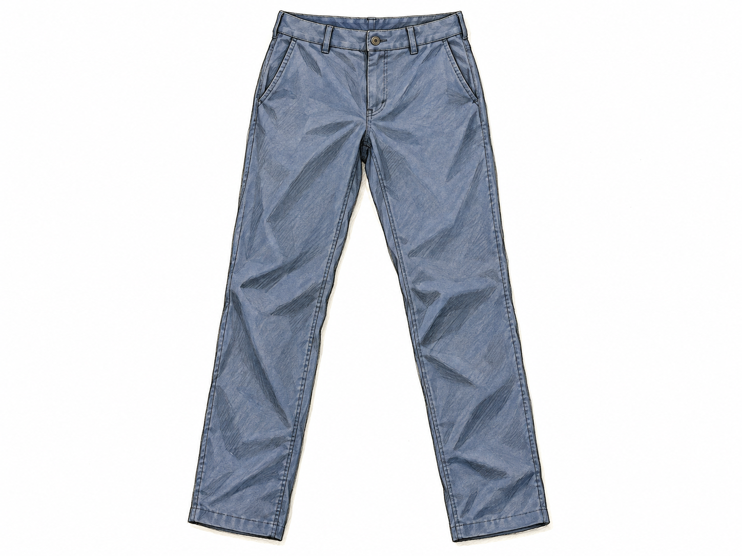 A single pair of full-length trousers laid flat, with the waistband, fly, pockets, and two separate ankle-length legs clearly visible.