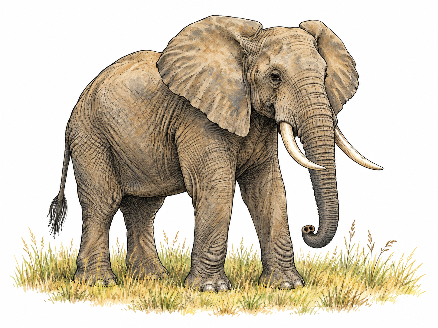 A full African elephant stands in grassland, broad body, thick folded skin and anatomically correct trunk clearly illustrated, no people or writing.