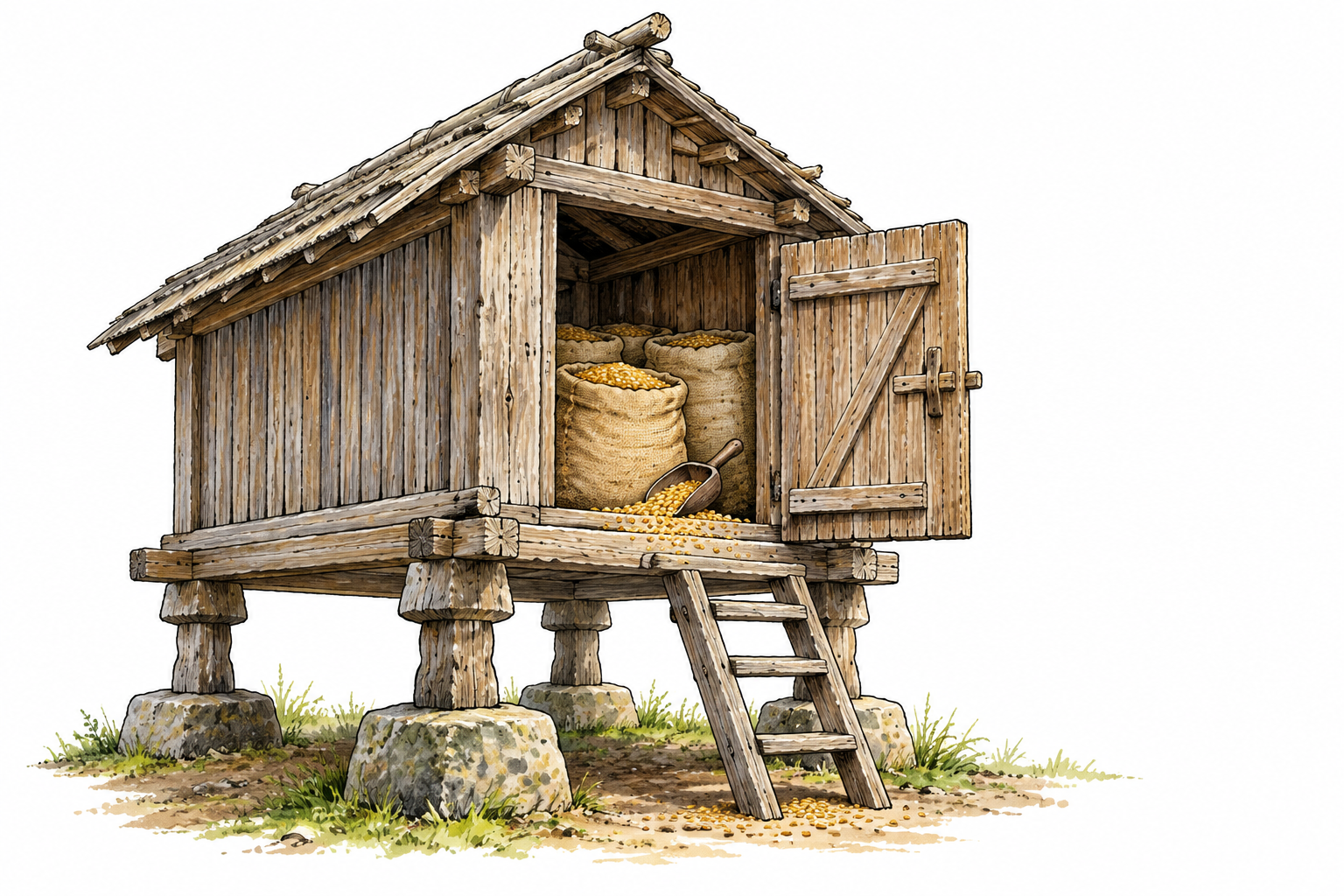 A traditional raised wooden grain store with open door showing sacks of cereal grain and spilled kernels, storage building prominent, no writing.