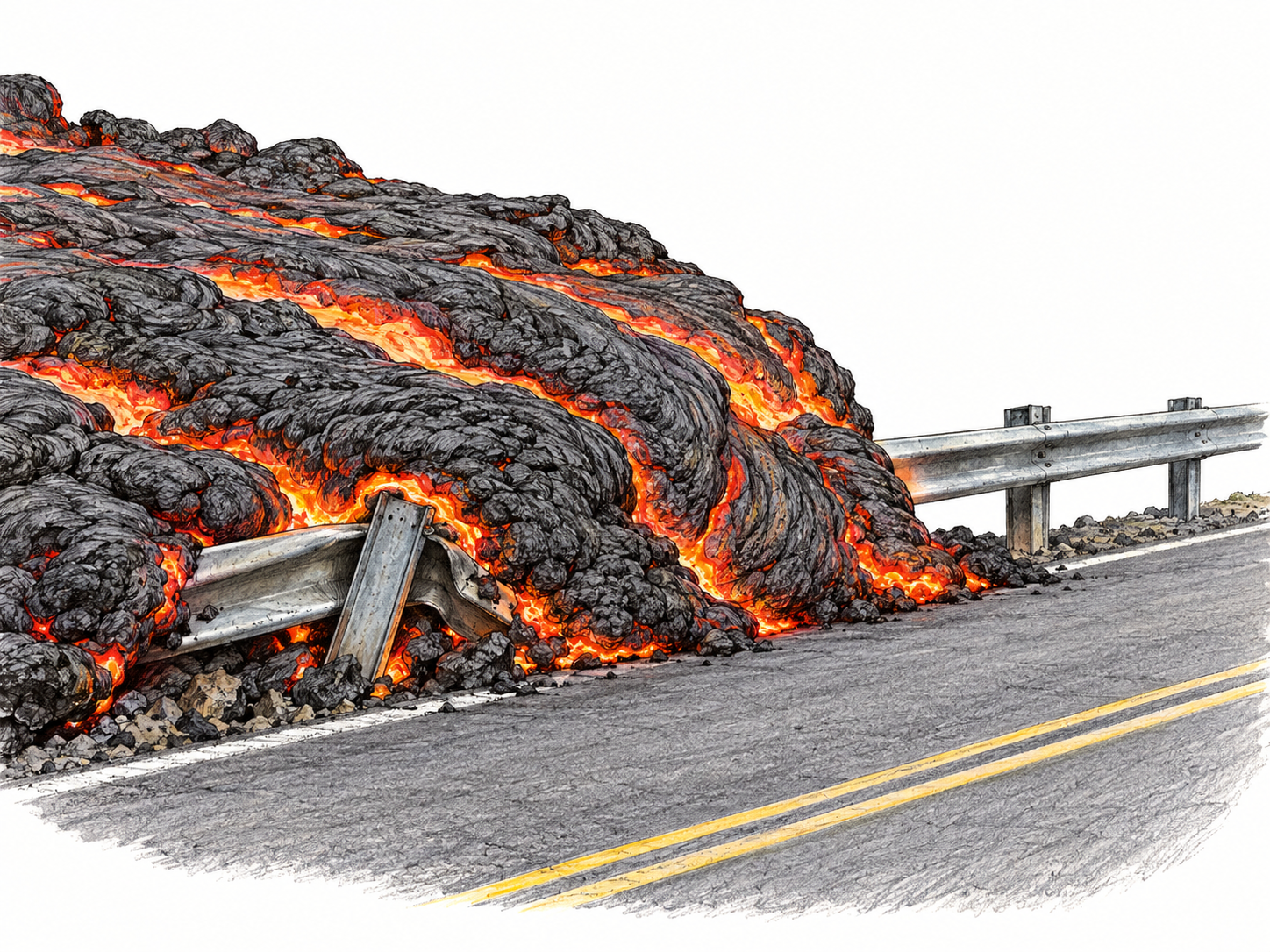 A massive advancing lava flow overtakes a road and engulfs its steel guardrail, making the barrier visibly powerless against its progress.
