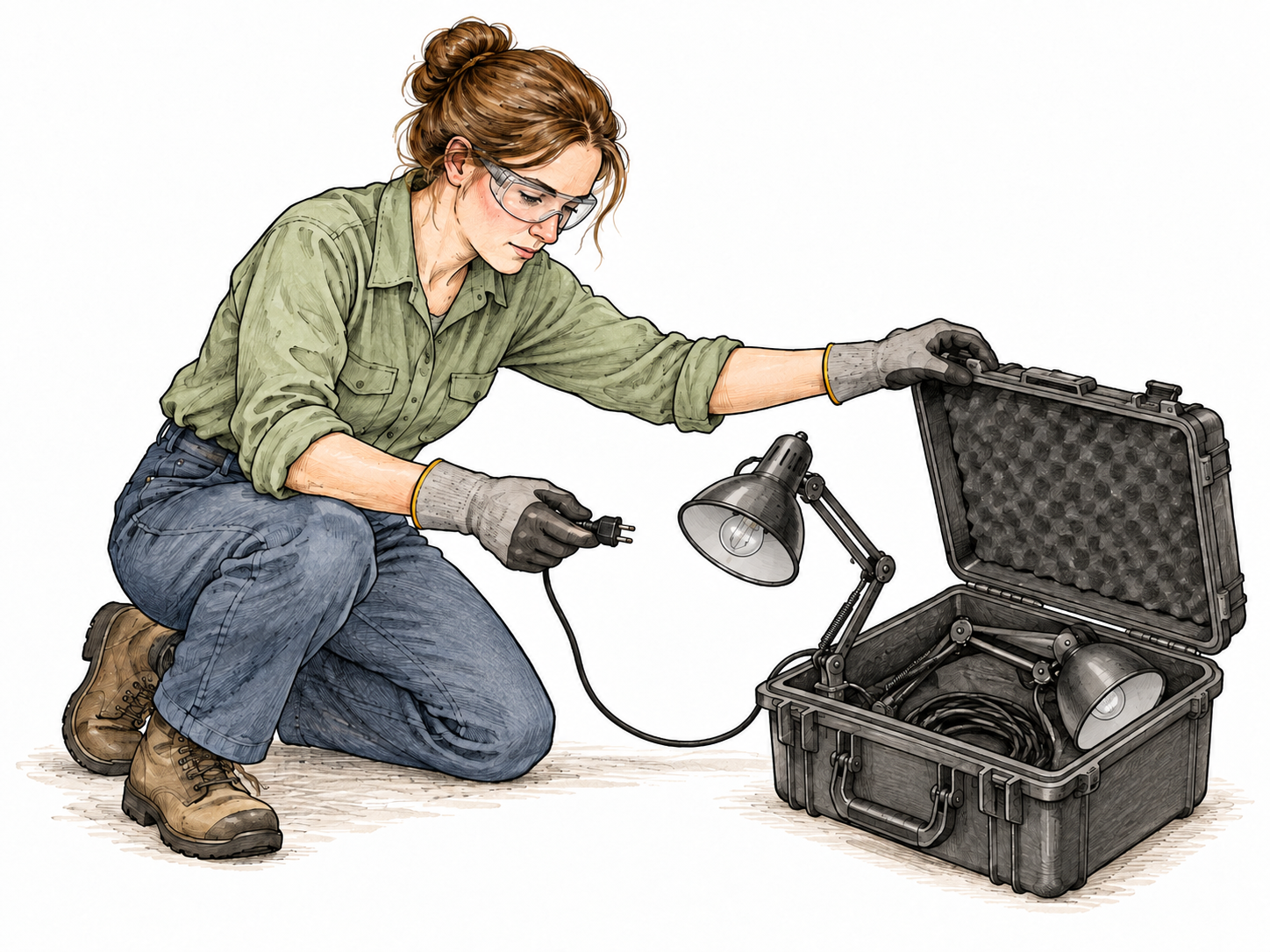 A technician carefully turns off a sparking faulty lamp at its unplugged cord and closes a protective case, neutralizing electrical threat without live contact, no labels.