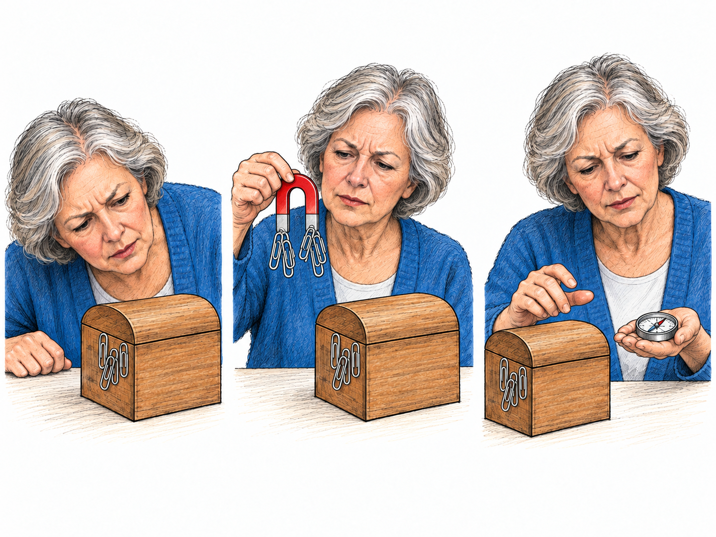 A compact observation–possible explanation–test sequence: a woman notices paper clips clinging to a plain closed wooden box, considers magnetic attraction by comparing this with a visible magnet, and prepares to investigate the box with a compass.