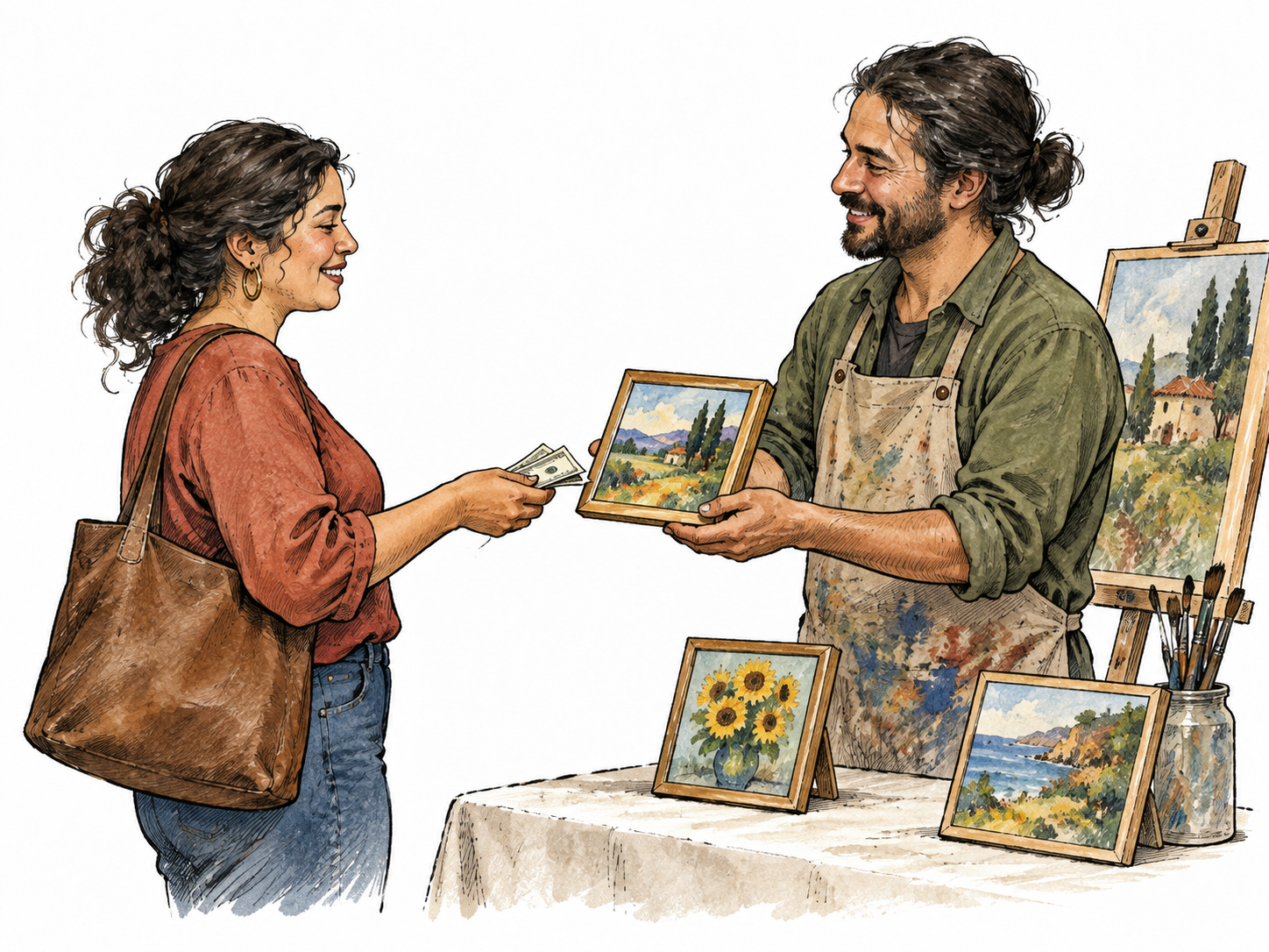 A Latina art patron buys a small painting directly from a working artist.