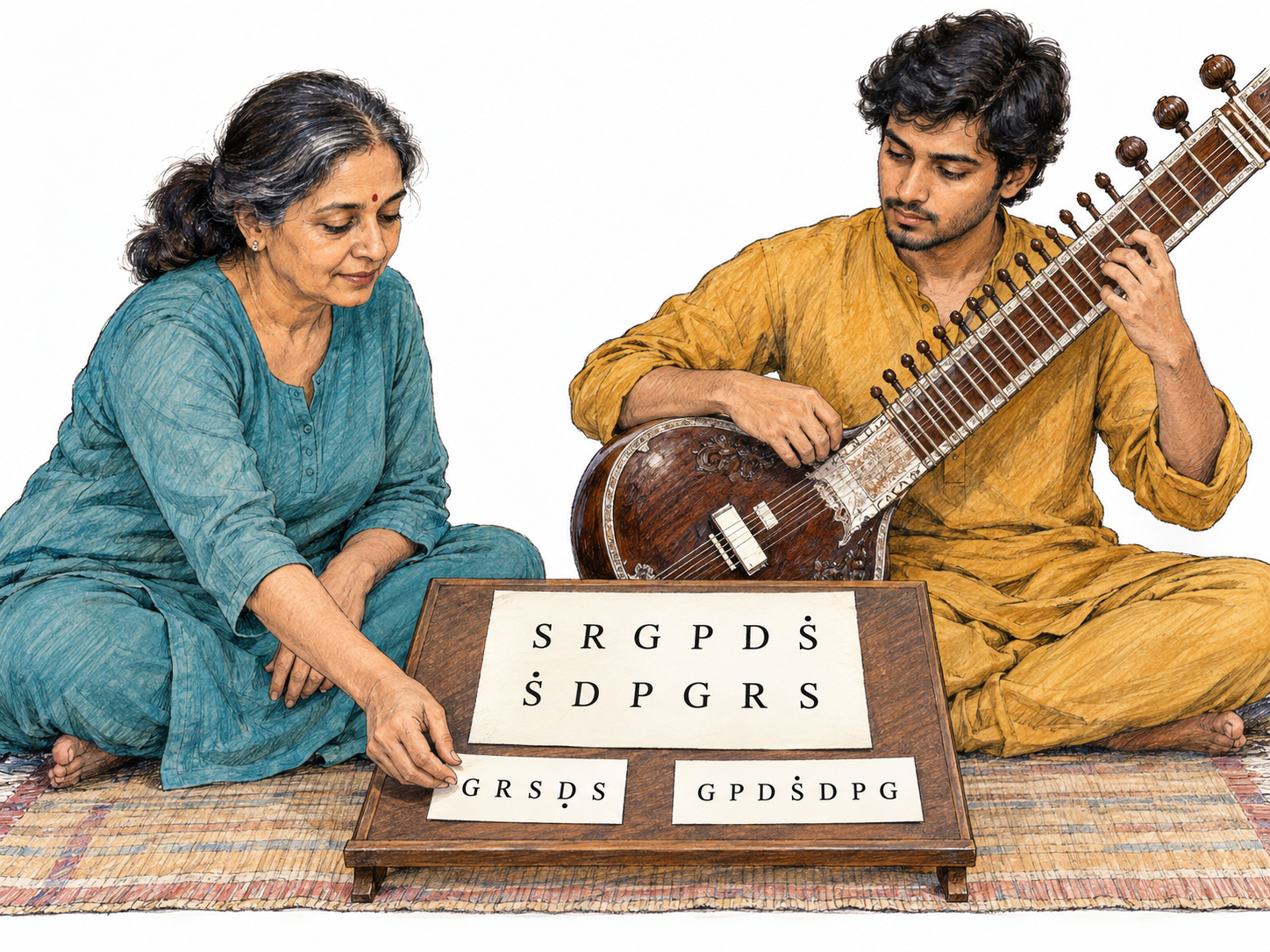 Show a raga as a reusable melodic framework through a real Bhupali practice reference and two different short phrases drawn from its note material, physically used by a teacher and sitar student.