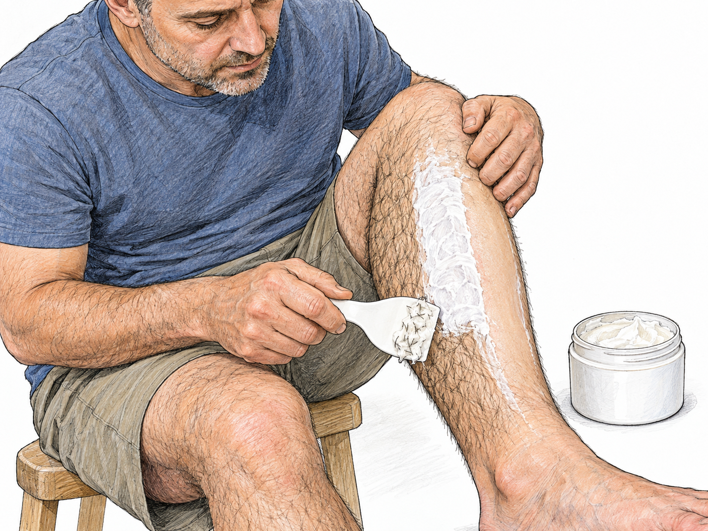 Close-up of a man removing hair-removal cream from his shin with a blunt plastic spatula: the wiped strip is smooth and hairless beside visibly hairy untreated skin, and removed cream holds short hairs.