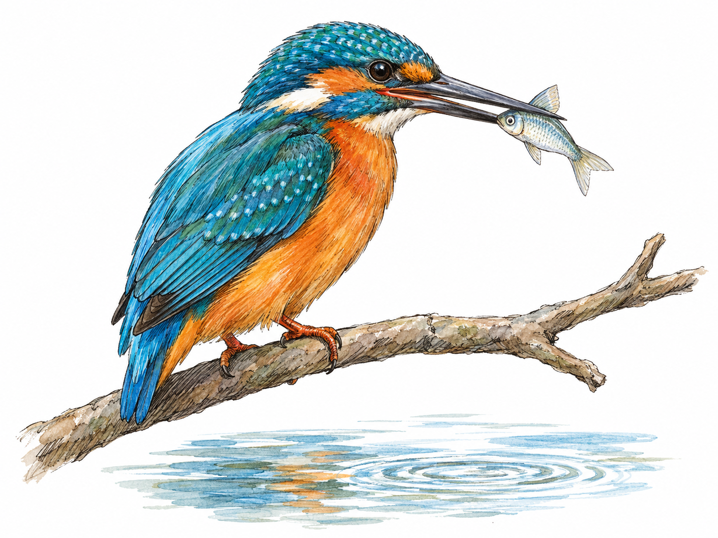 A recognizable kingfisher perched on a bare branch above a small patch of water, holding a freshly caught small fish crosswise in its long bill.