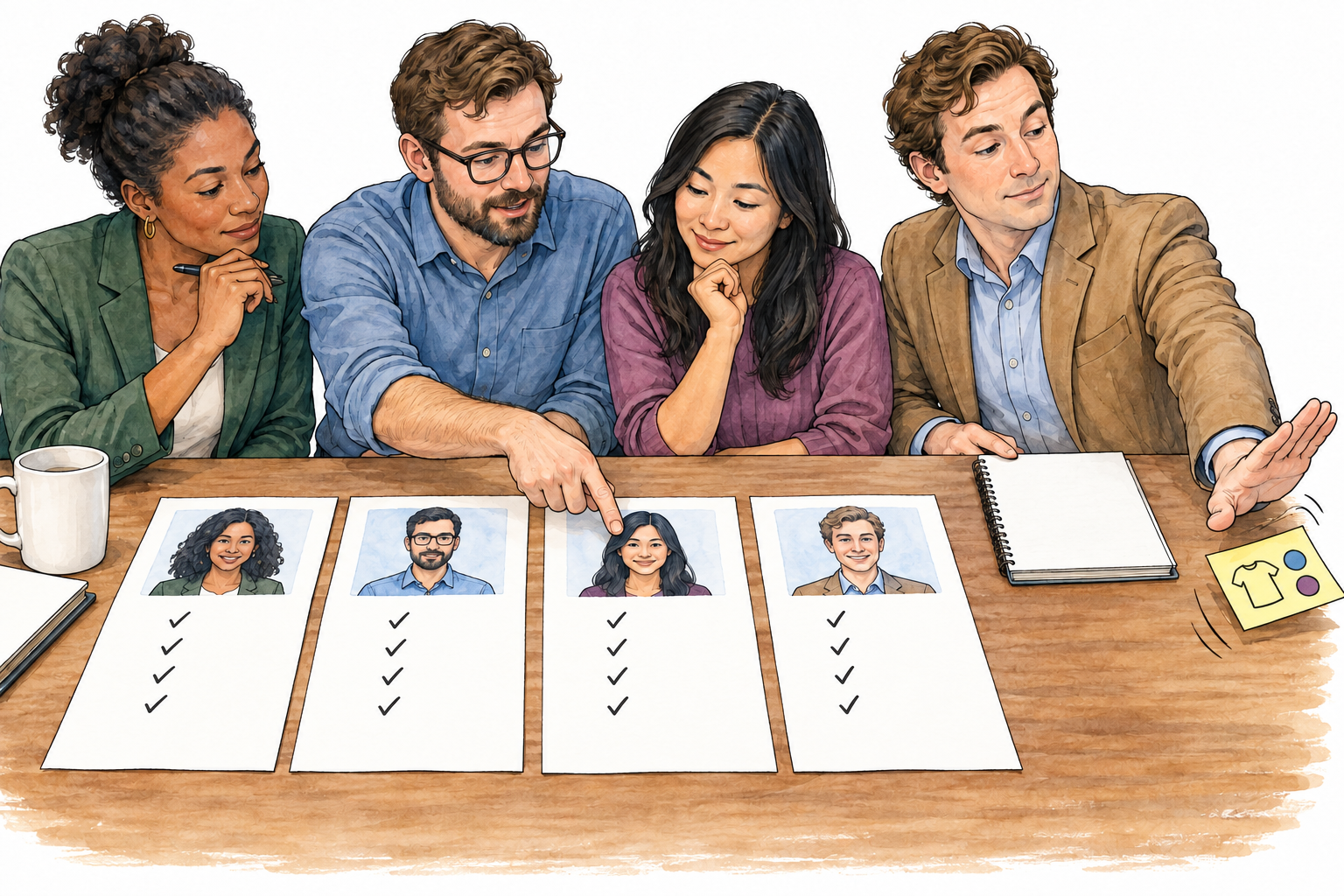 Team compares job applicants' skills while a sticky note about shirt color is pushed aside, irrelevant detail; readable note SHIRT COLOR.