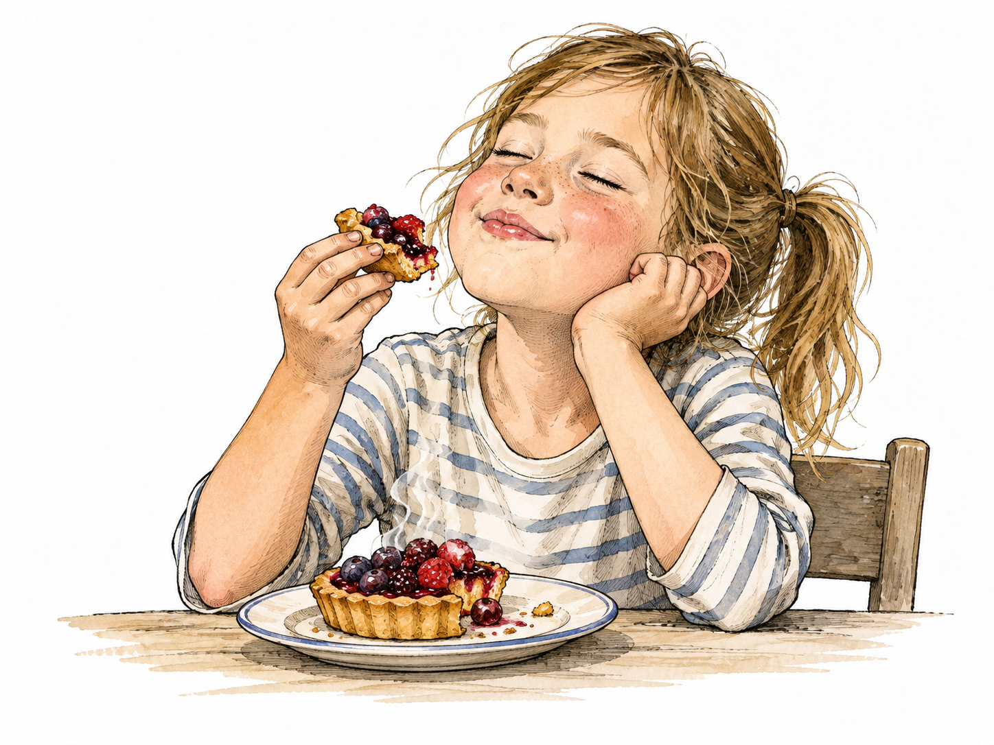 A white child enjoys a bite of warm berry tart with delighted expression.
