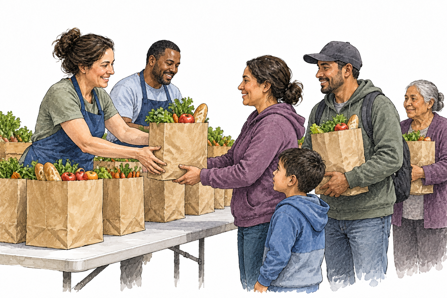 Community volunteers distribute bags of fresh food to families from an organized donation table, warm respectful giving, plain unmarked bags.