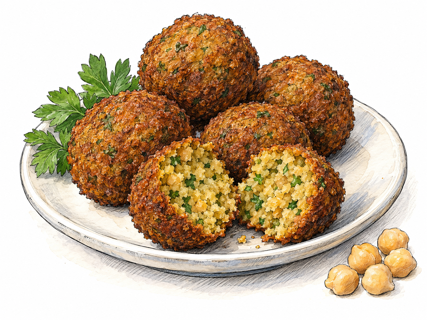 A small plate of golden-brown falafel, with one ball split open to reveal its coarse chickpea-and-herb interior and a few whole chickpeas beside the plate.