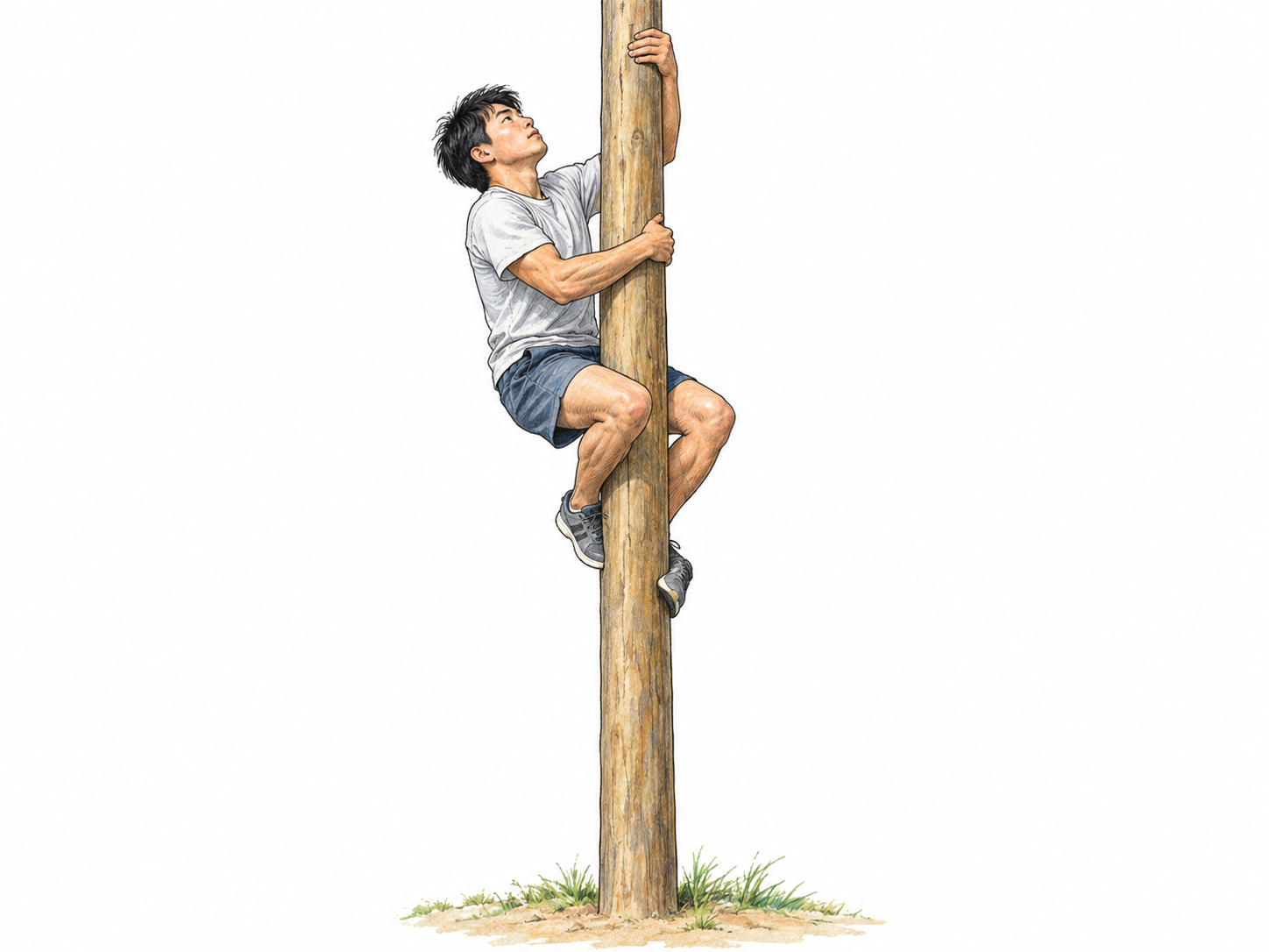 A young man shinnies up a smooth vertical wooden pole, gripping it with both arms and bent legs, with both feet clearly off the ground.