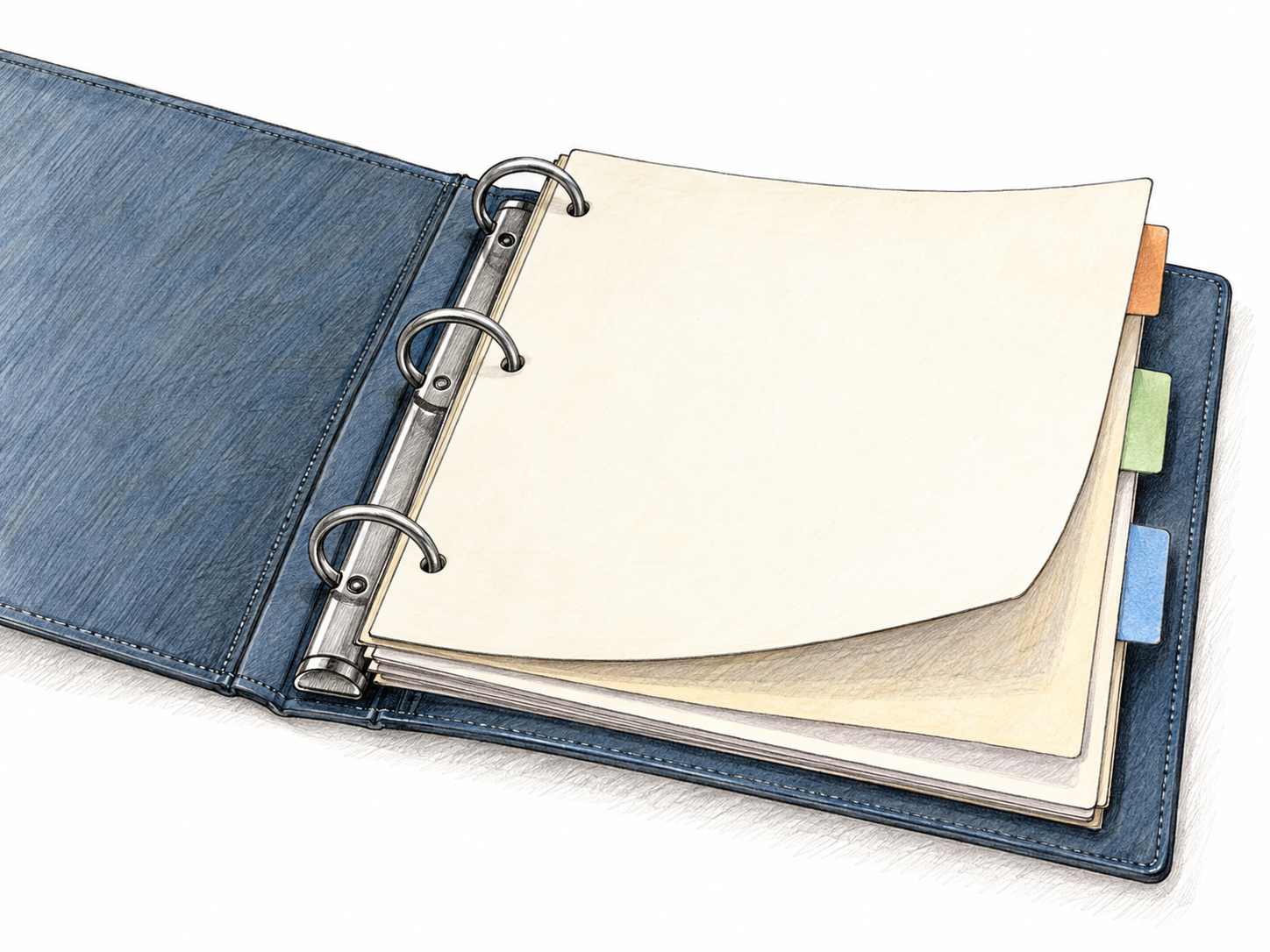 A close-up of an open ring binder with staggered colored index tabs projecting from its page edges.